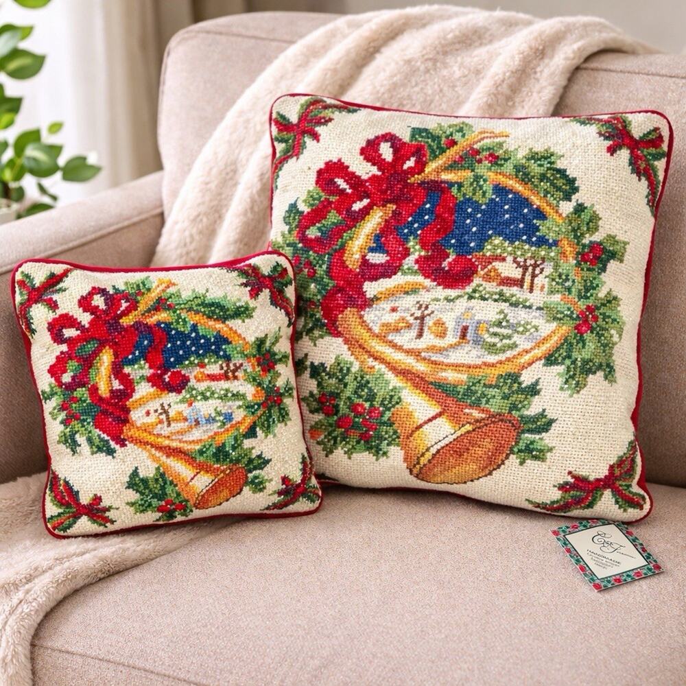 Vintage Needlepoint Christmas Herald Horn Trumpet Pillows Set 2 NWT Holiday